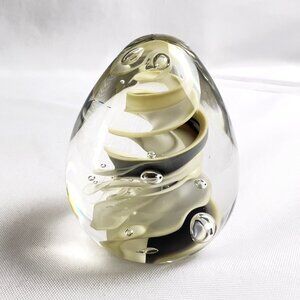 Handcrafted Studio Art Glass Vintage Egg Paperweight Swirling Black Beige Spiral